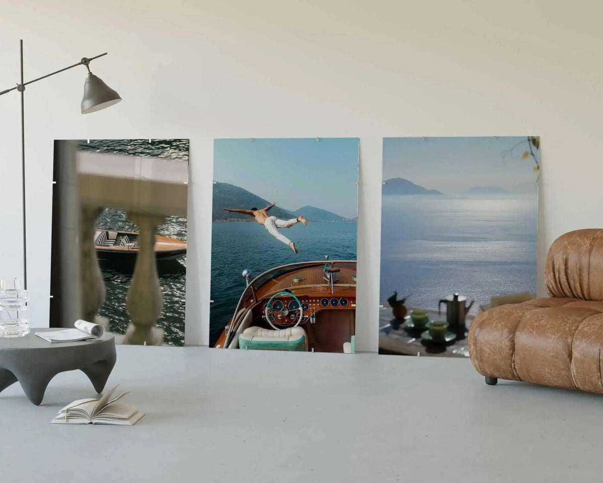Beautiful nautical artwork featuring a person diving from a boat, capturing Italian maritime culture.