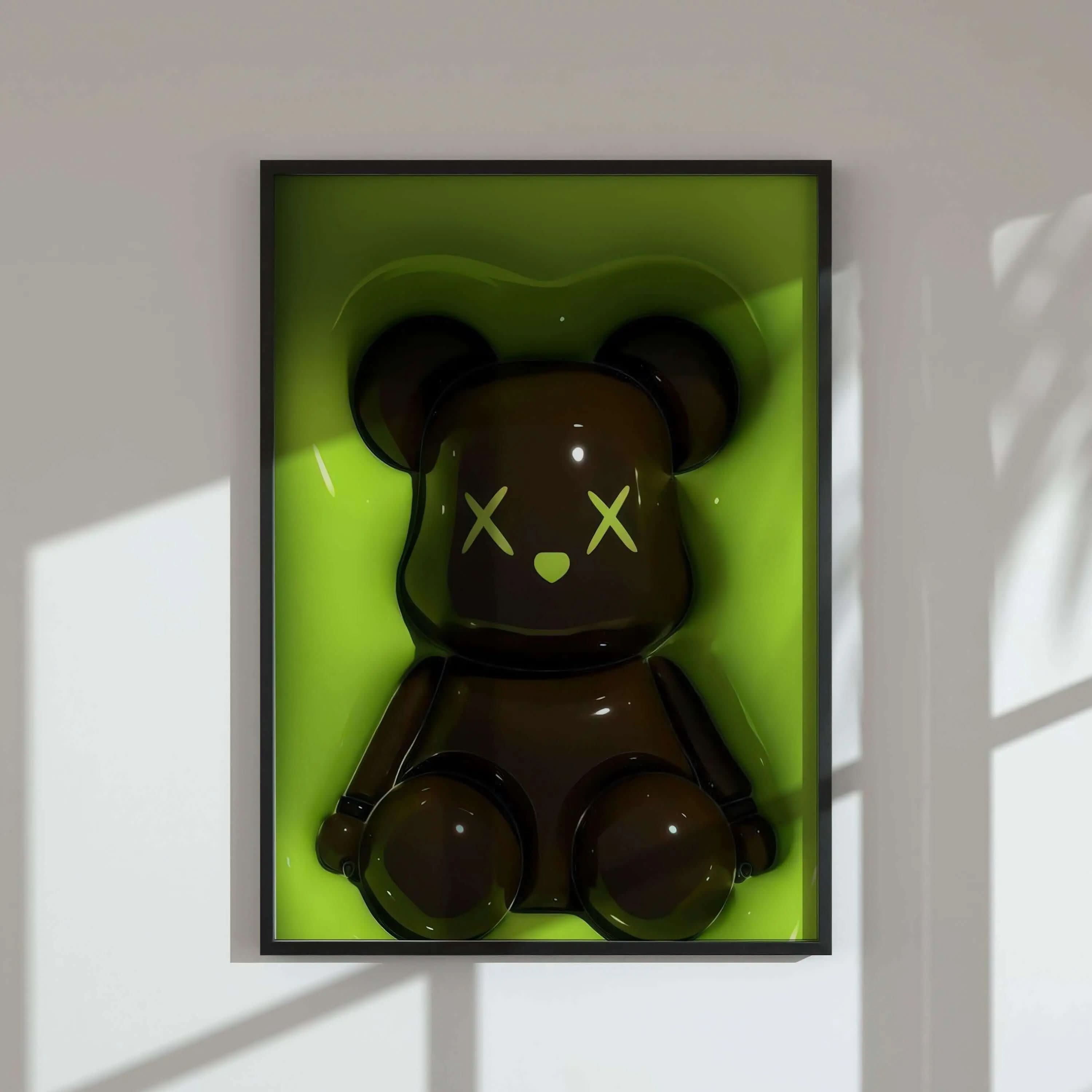 Luxury 3D Art Prints Set of 12 featuring contemporary framed urban toy bear digital wall art in green shadowed room by Haus of Prints