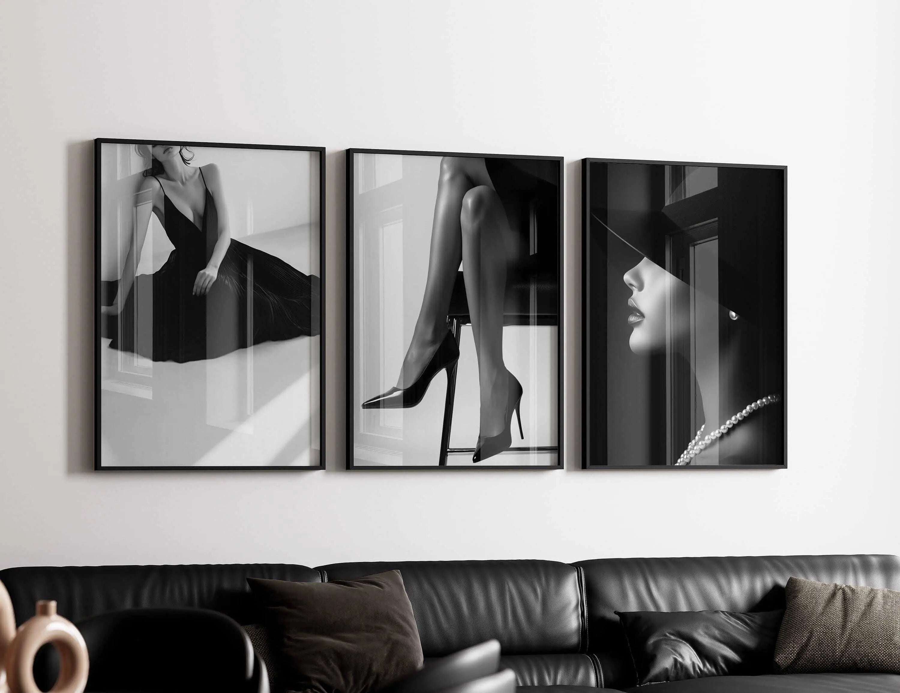 Luxury Fashion Poster Set of 150 featuring black and white fashion art prints in a modern living room, digital wall art by Haus of Prints.