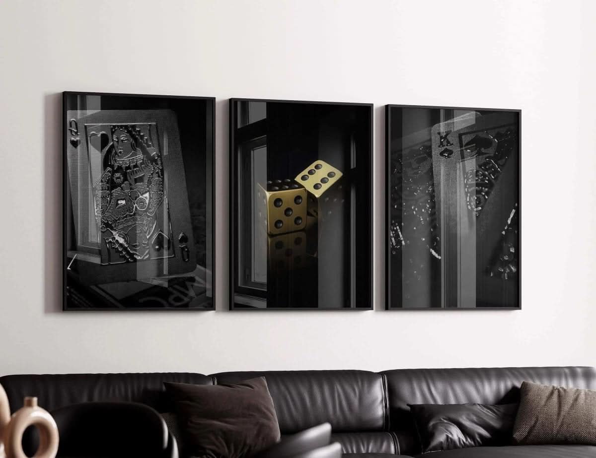 Artistic presentation of golden dice, reflecting light against a dark backdrop, part of the wall art collection.