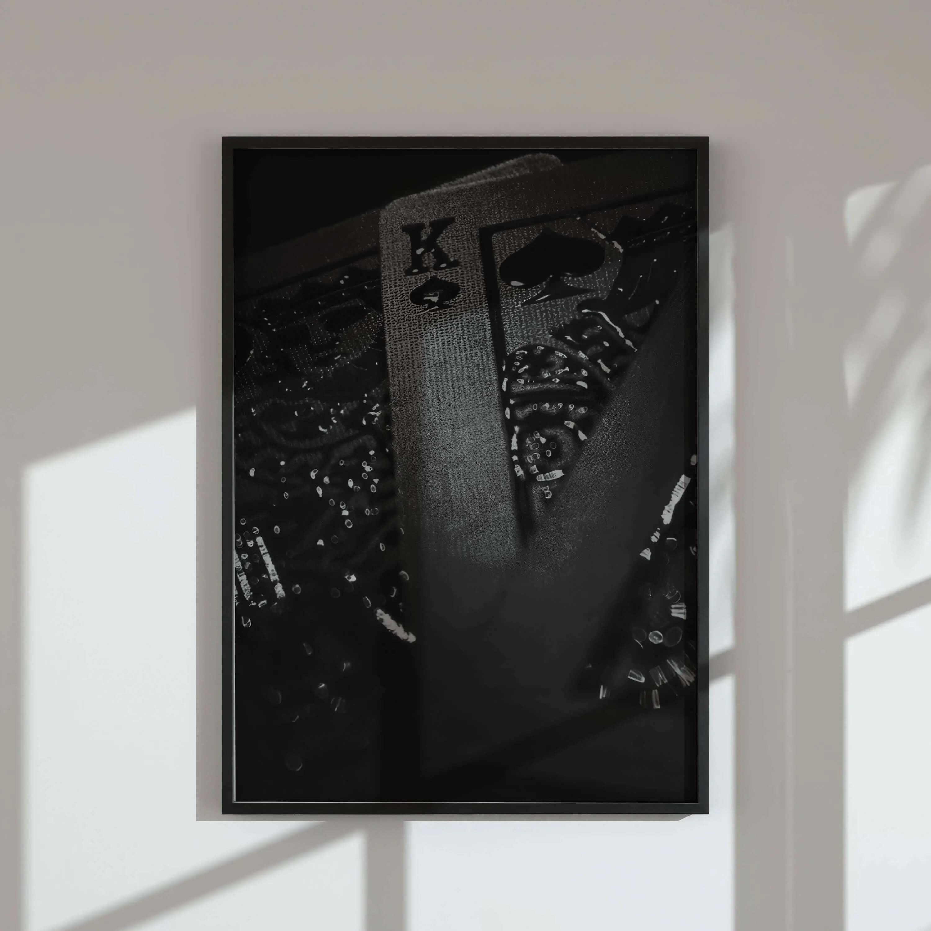 A luxurious set of three wall art cards displayed together, depicting the Queen, dice, and King of Spades.