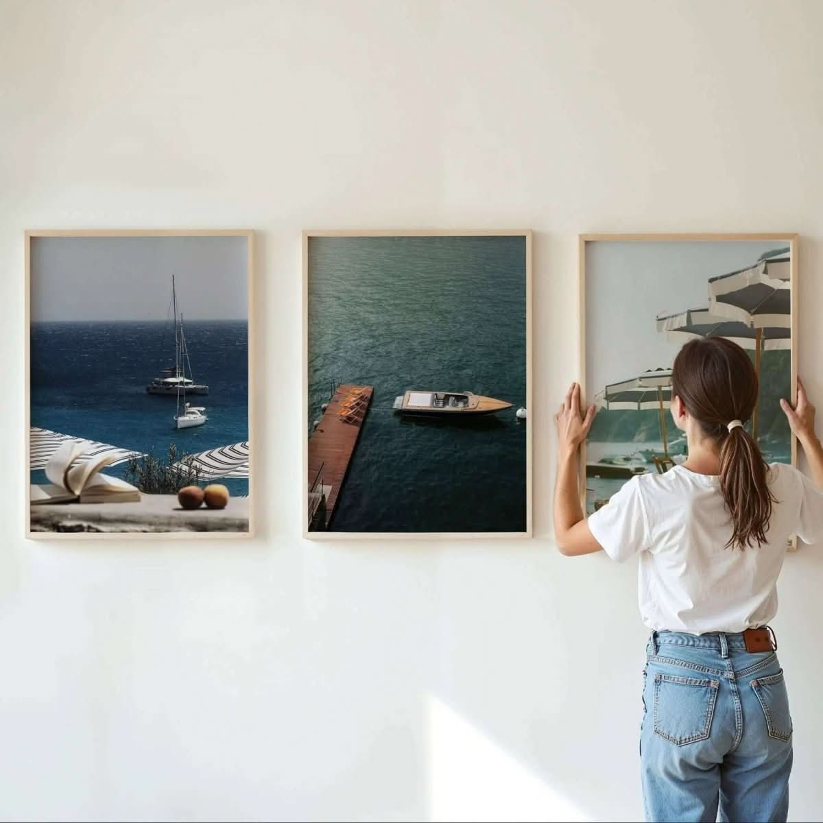 Coastal landscape print featuring a boat and calming sea, ideal for adding serenity to your living space.