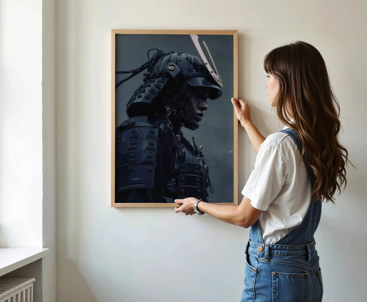 Woman hanging Midnight Ronin Cyber Samurai Digital Wall Art Print in a minimalist room, showcasing bold futuristic samurai artwork for stylish interiors.