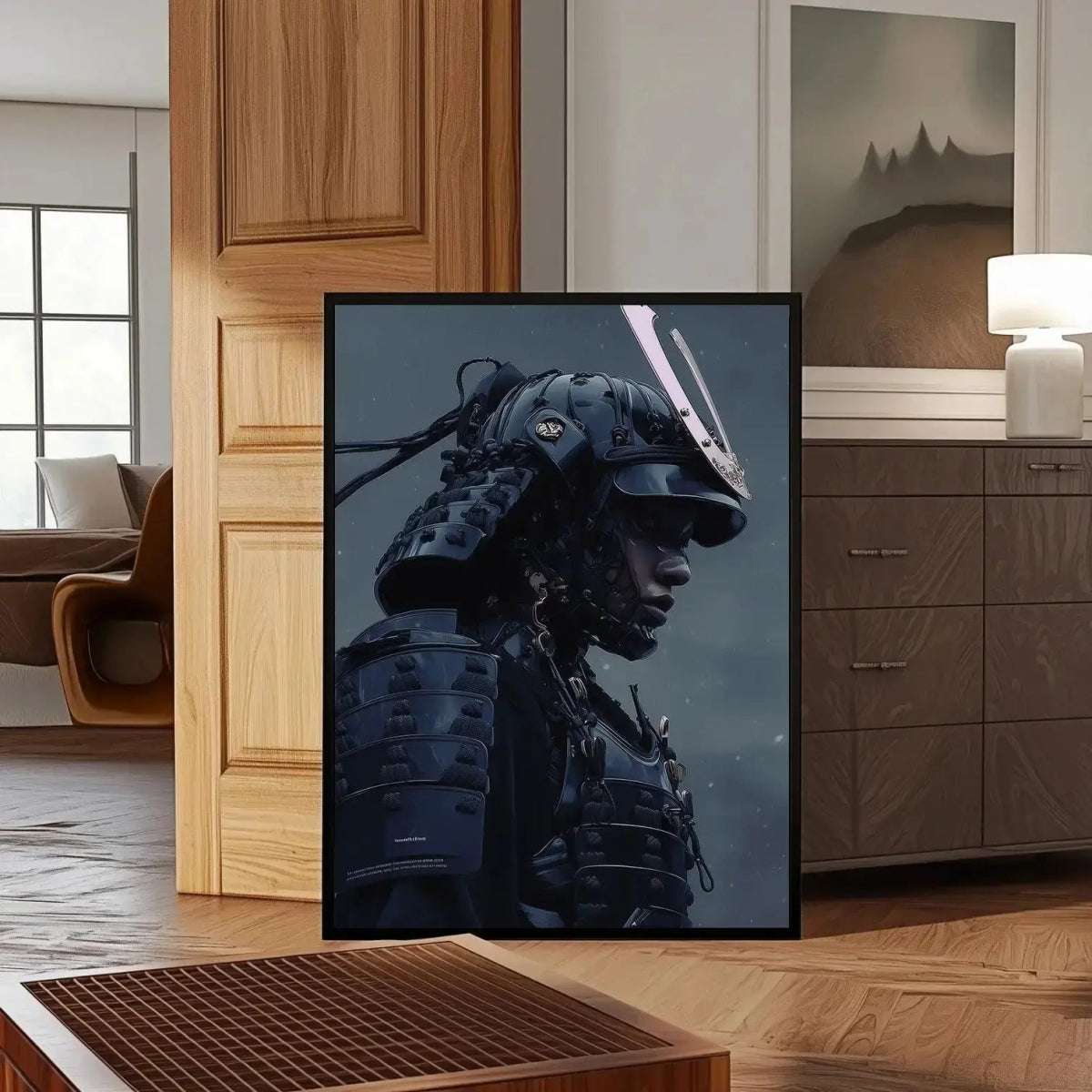 Midnight Ronin Cyber Samurai Digital Wall Art Print placed in a cozy, modern room, enhancing the space with futuristic warrior decor and bold aesthetics.