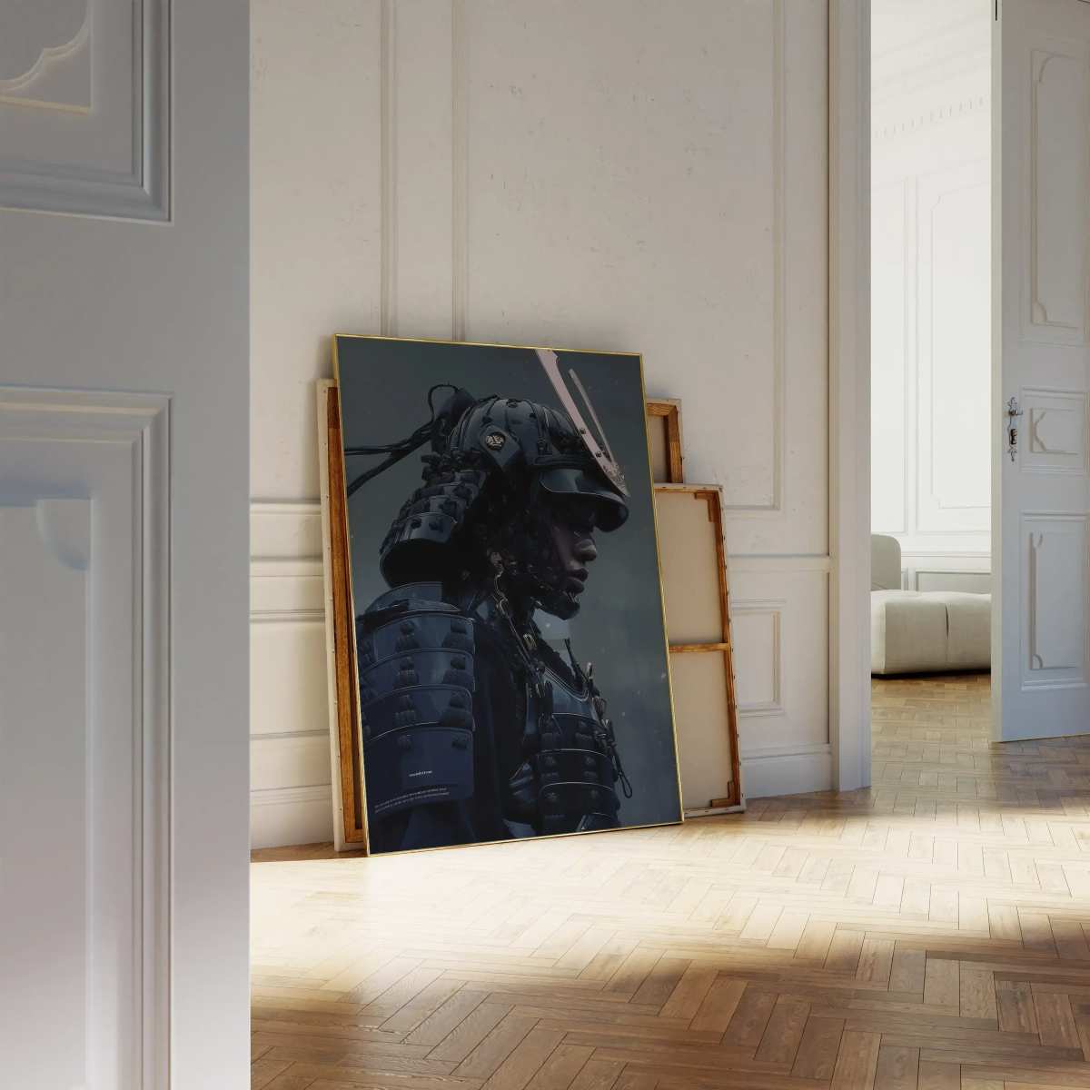 Framed Midnight Ronin Cyber Samurai Digital Wall Art Print leaning against a wall in a classic interior, blending modern samurai art with timeless elegance.