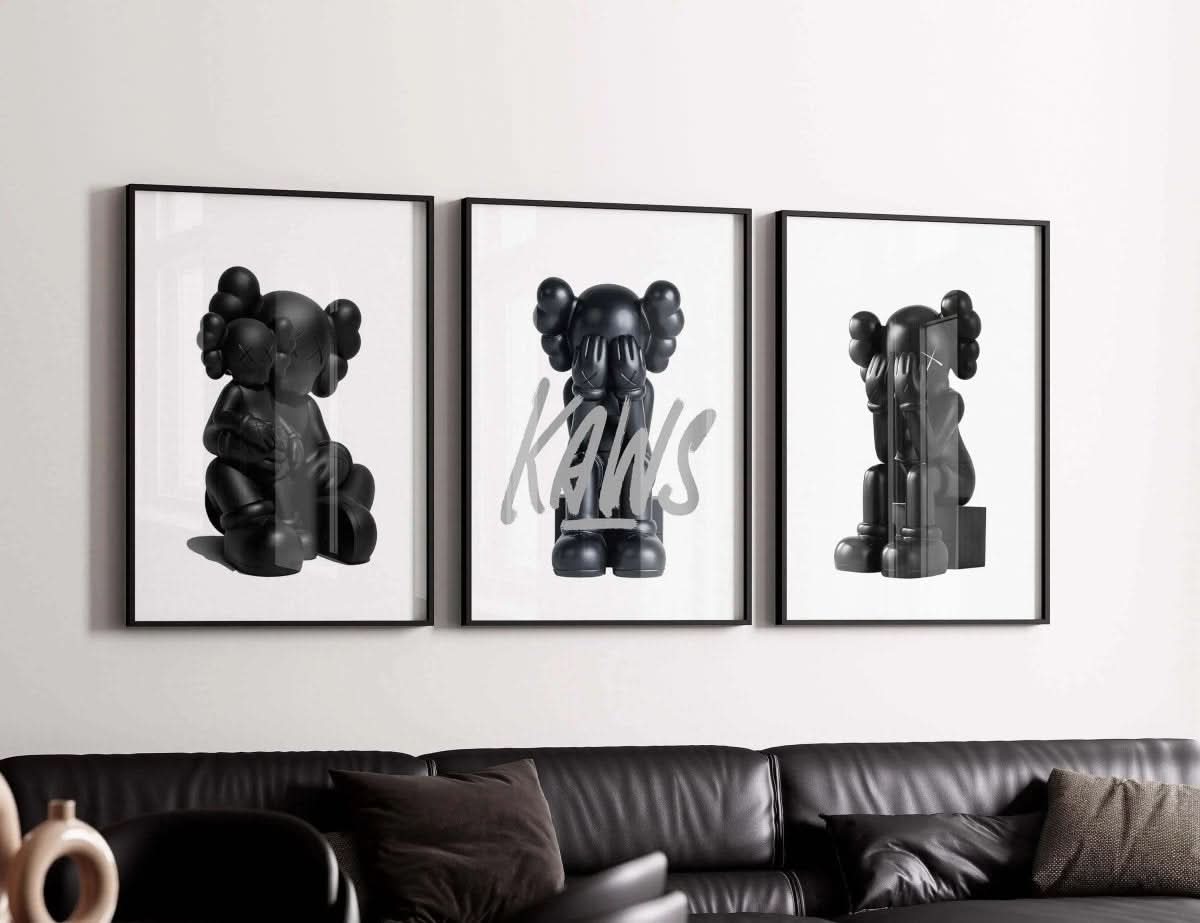 Minimal Hypebeast Prints Set of 3 featuring KAWS designs, showcasing unique black sculptures in modern art style.