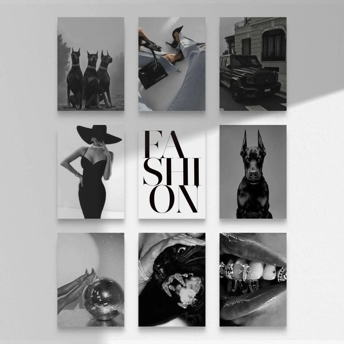 Modern Luxury Fashion Posters Set of 9 featuring chic black-and-white images of elegance and style.