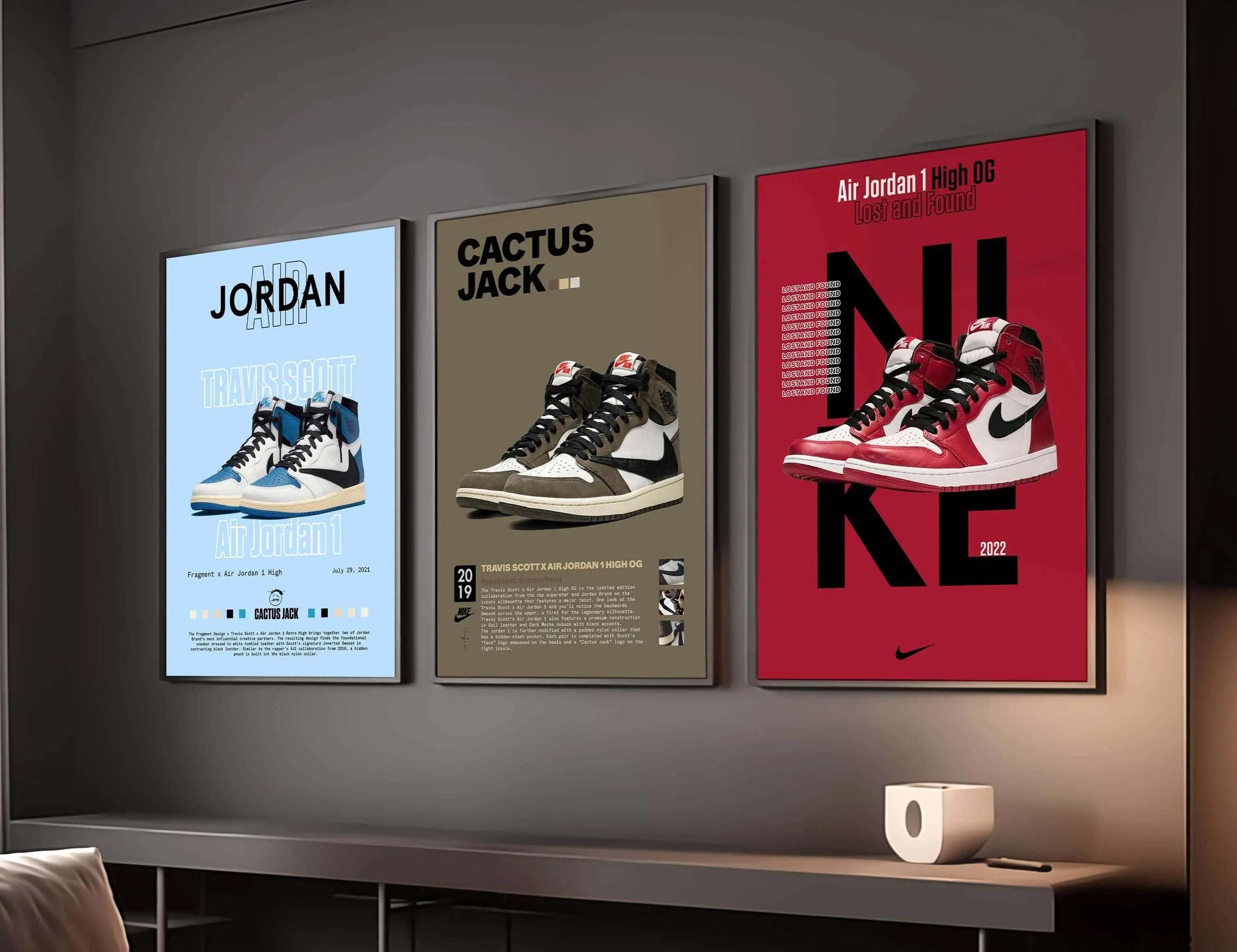 Modern Sneaker Room Wall Art Set of 3 featuring vibrant sneaker art prints framed in a stylish living room, digital wall art by Haus of Prints.