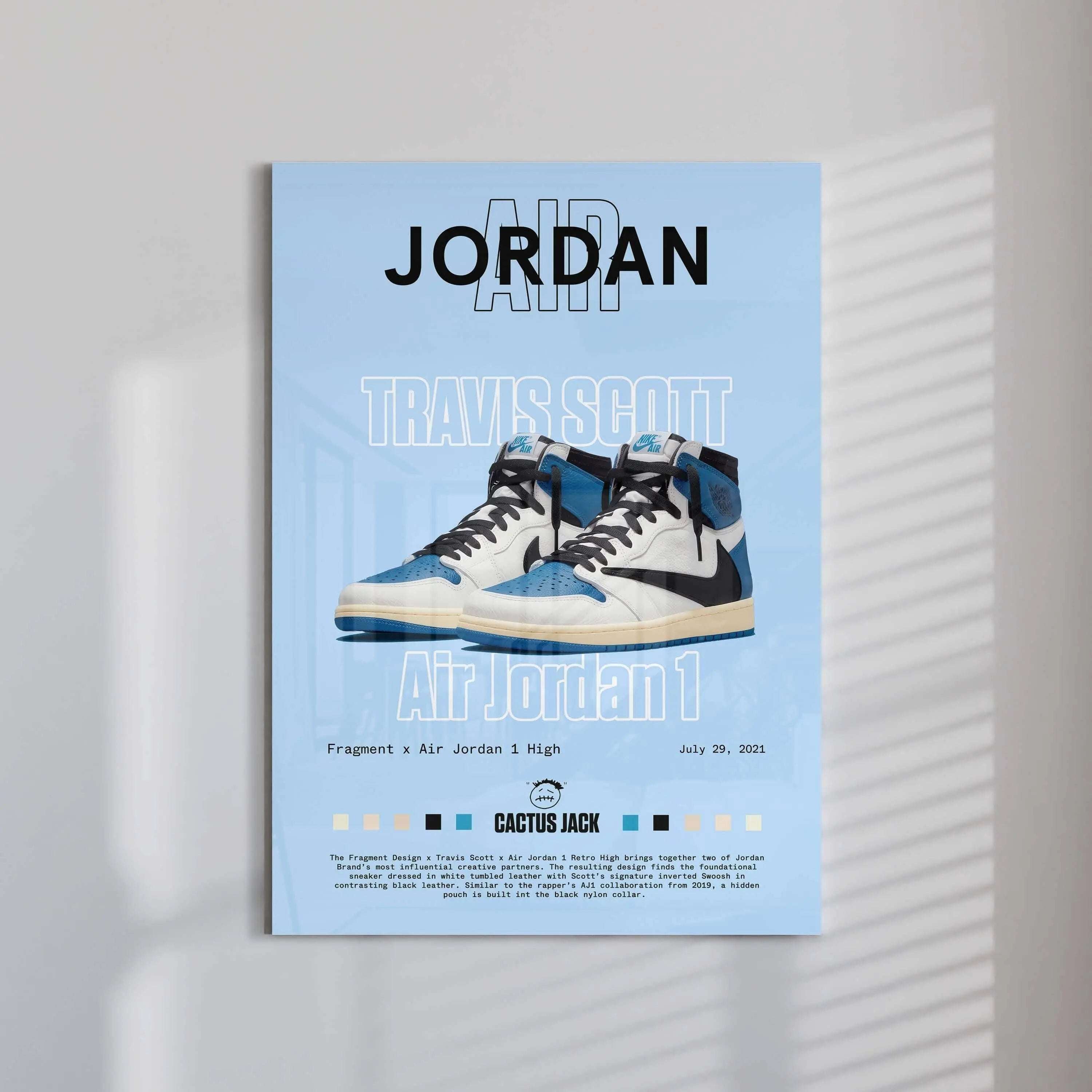 Modern Sneaker Room Wall Art Set of 3 featuring Air Jordan digital art print in blue, displayed in a minimalist living room by HAUS OF PRINTS