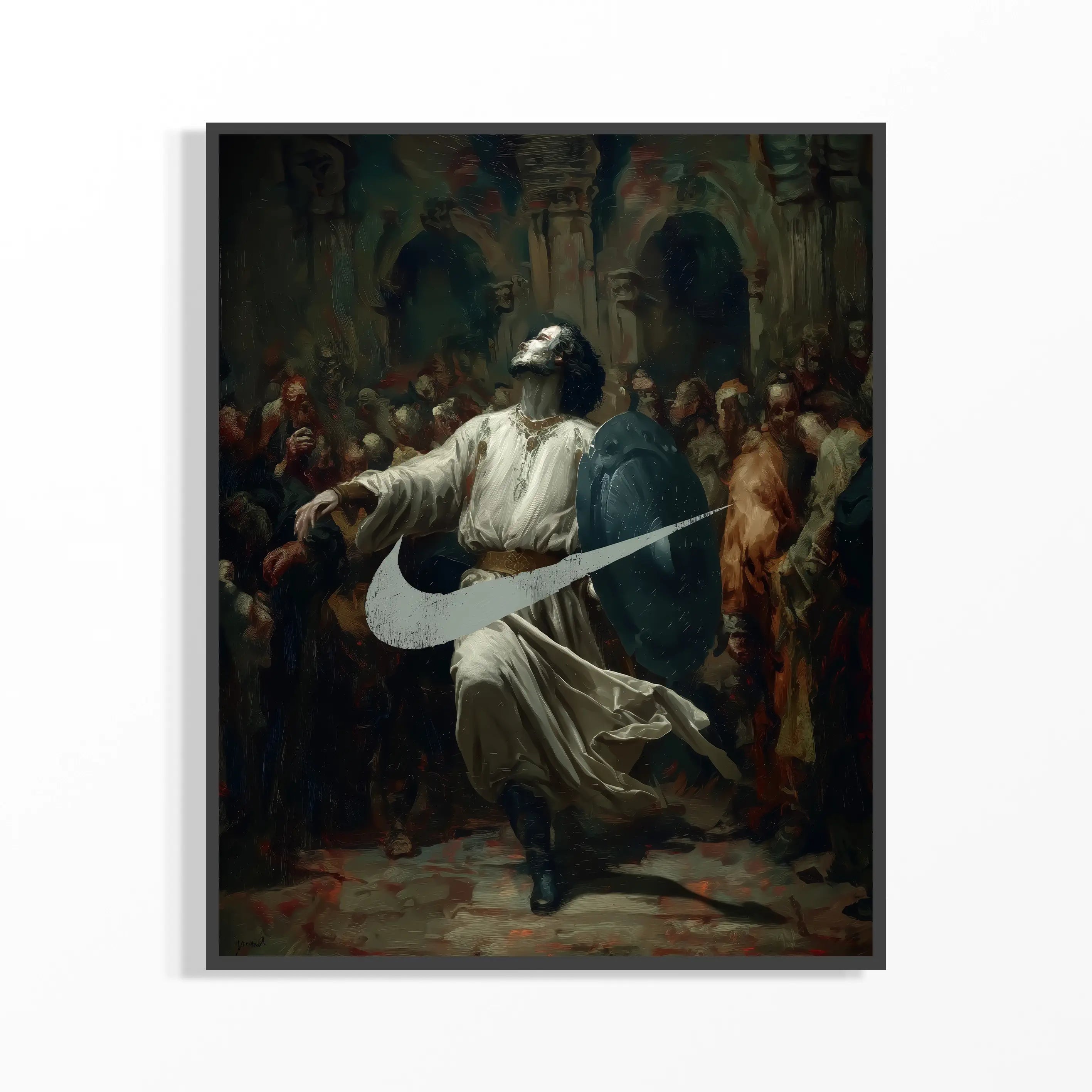 Artistic reinterpretation of a classical painting with a modern Nike logo overlay
