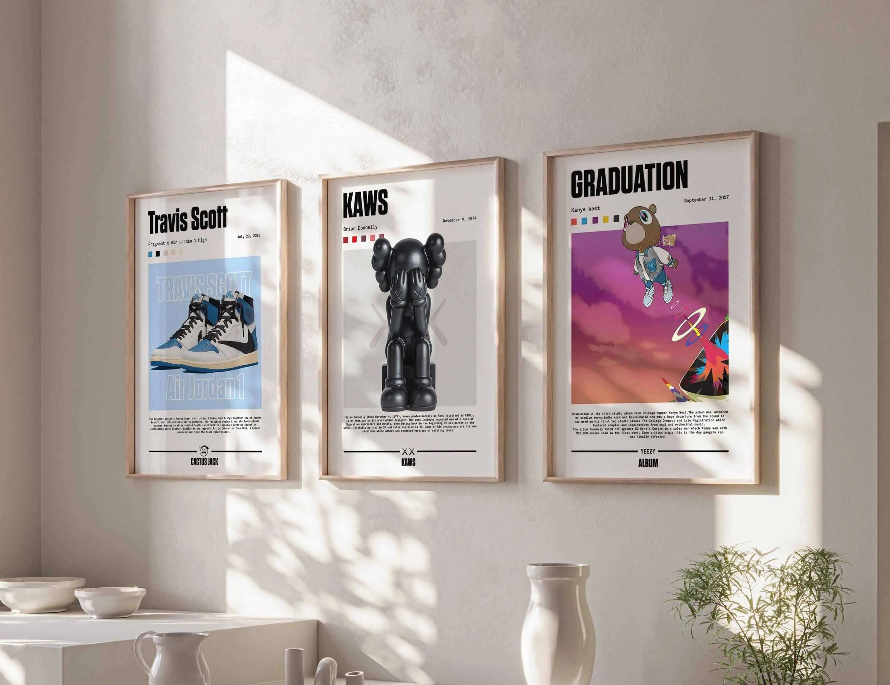 Music Album Sneaker Wall Art Set of 3 featuring hip-hop sneaker and album digital prints in a modern living room by Haus of Prints.