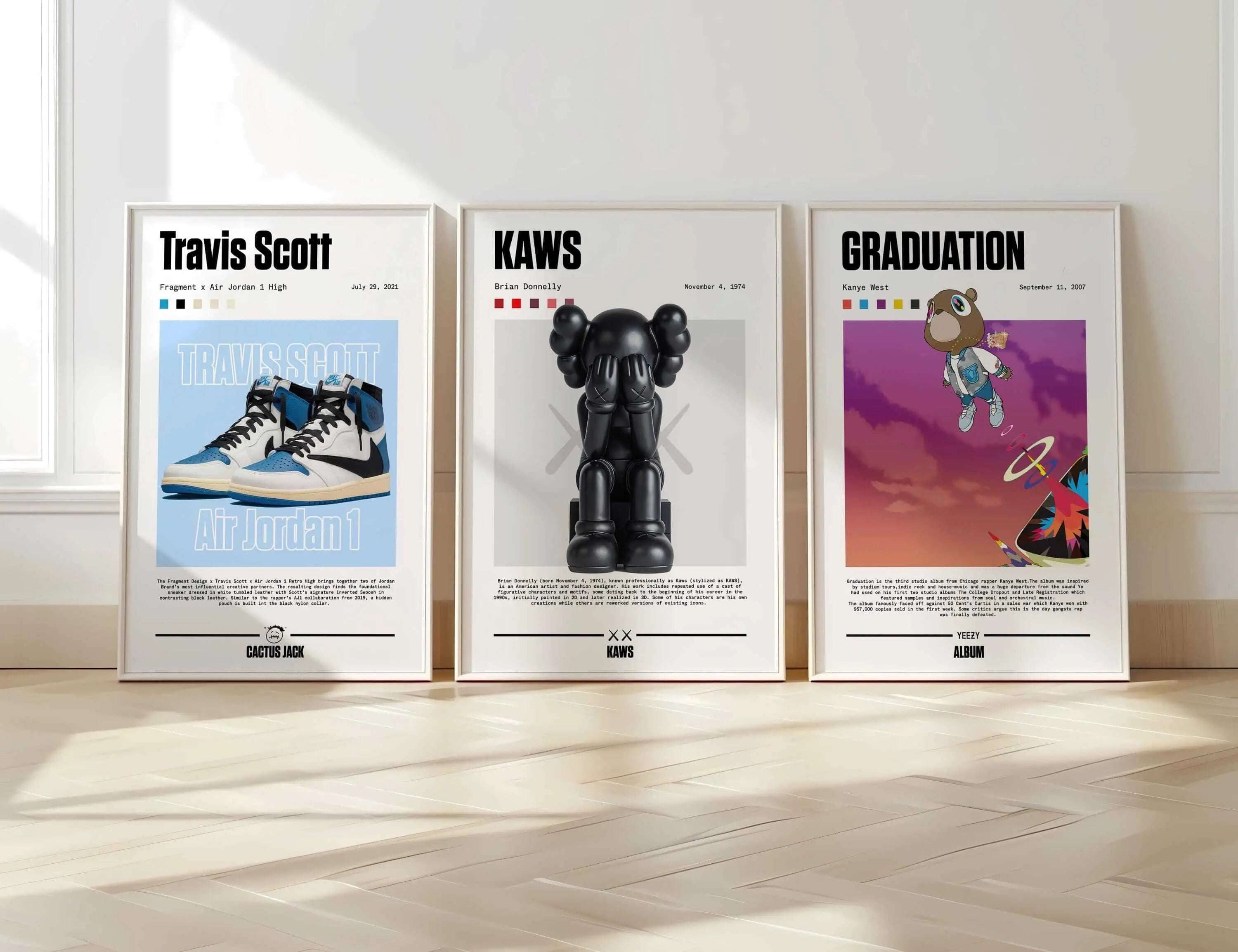 Music Album Sneaker Wall Art Set of 3 framed digital wall art prints featuring hip-hop sneaker and album themes in a modern living room by Haus of Prints.