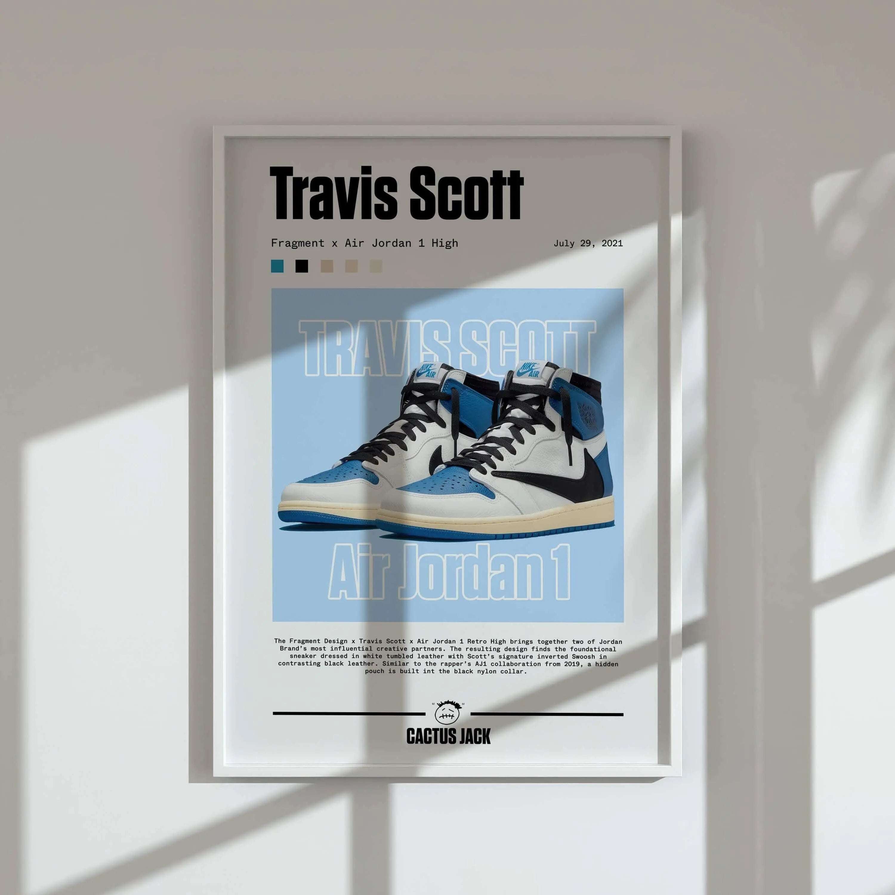 Travis Scott sneaker art digital wall art print in white frame on wall, modern living room decor, Music Album Sneaker Wall Art Set of 3, HAUS OF PRINTS