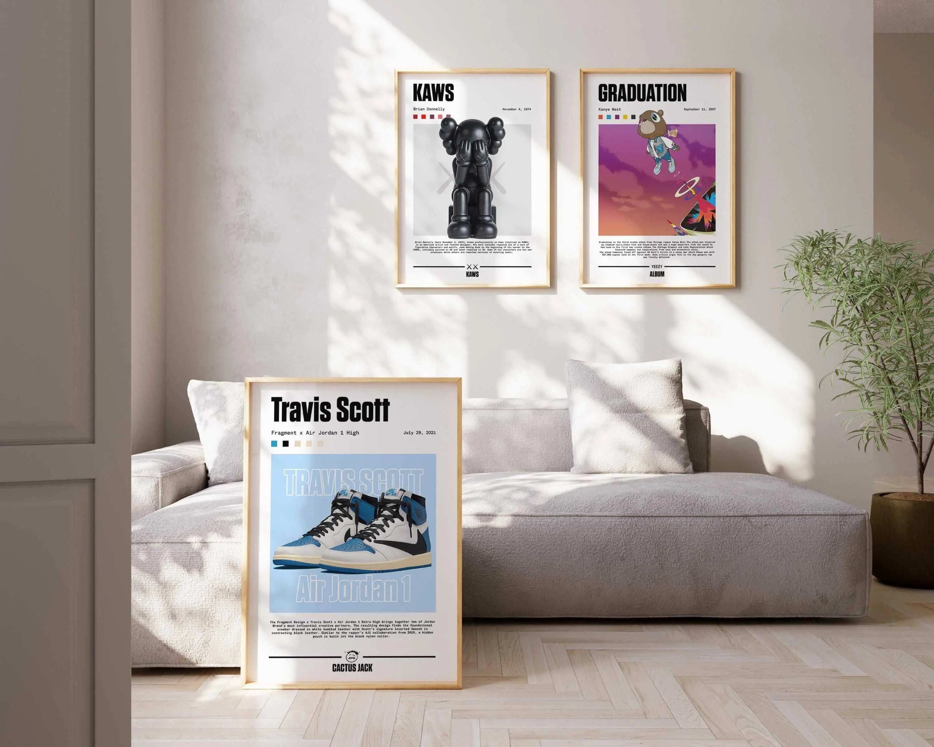 Music Album Sneaker Wall Art Set of 3 featuring sneaker and hip-hop digital wall art in modern living room by Haus of Prints.
