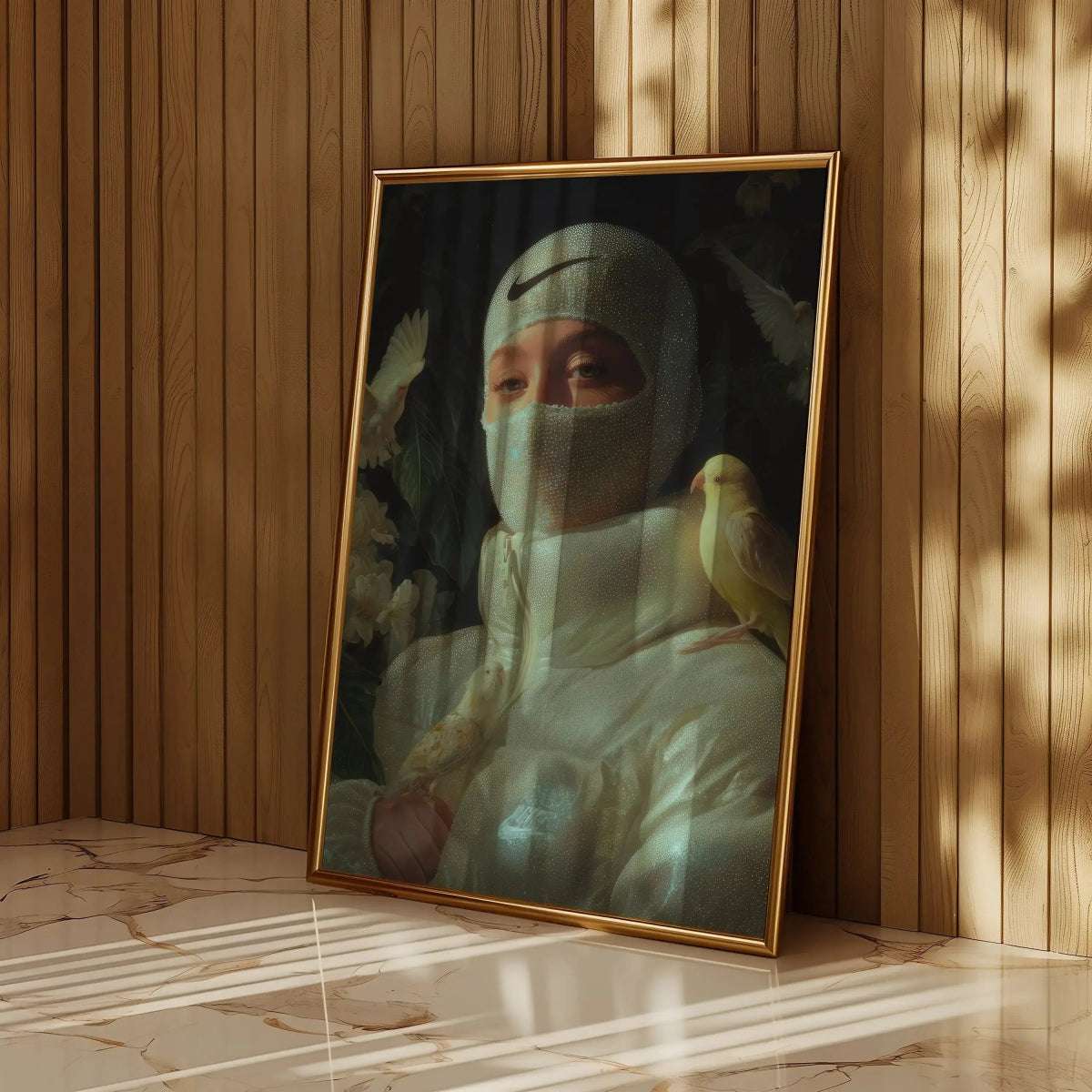 Framed Nature's Guardian – Fashion Bird Art Print leaning against a wood-paneled wall, showcasing modern streetwear and bird motifs in serene lighting.