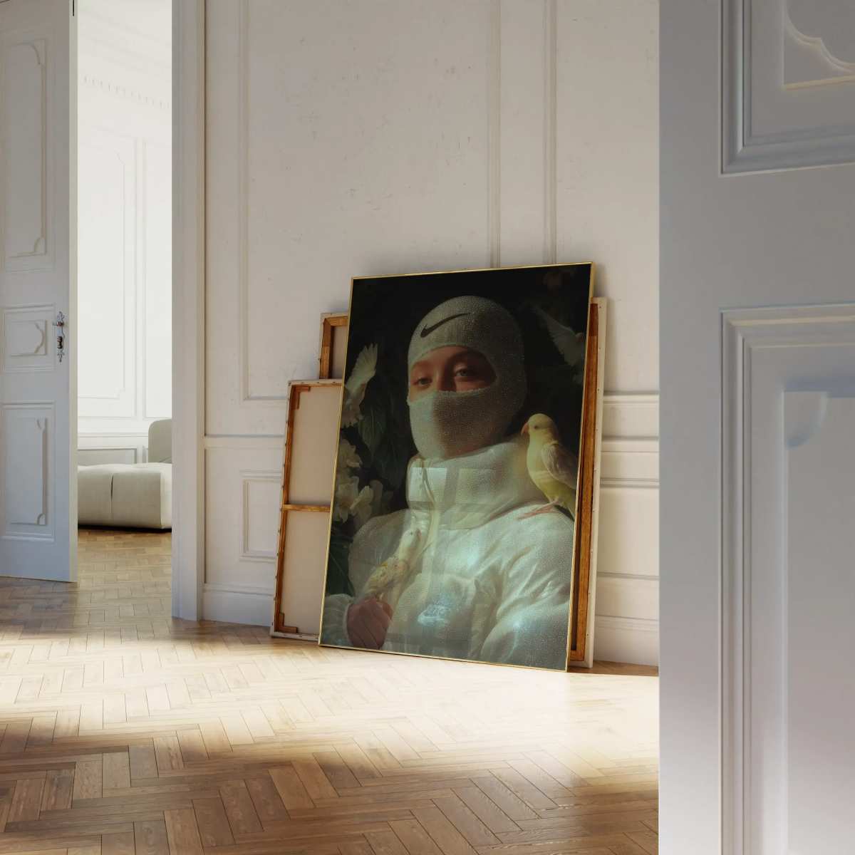 Nature's Guardian – Fashion Bird Art Print resting on a classic wooden floor, blending photorealistic urban art with botanical serenity for elegant interiors.