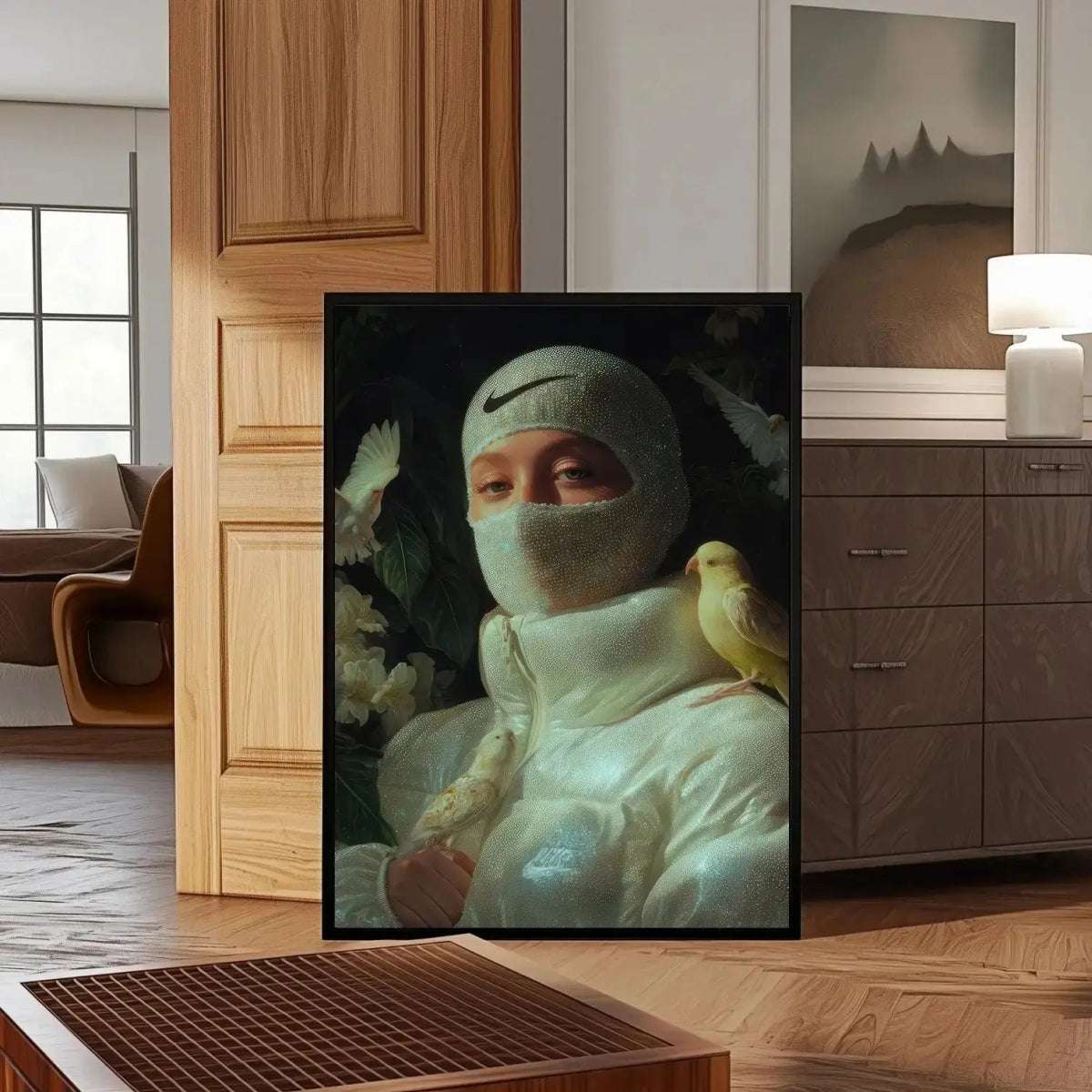 Nature's Guardian – Fashion Bird Art Print displayed in a stylish interior, merging contemporary decor with symbolic bird and masked figure artwork.