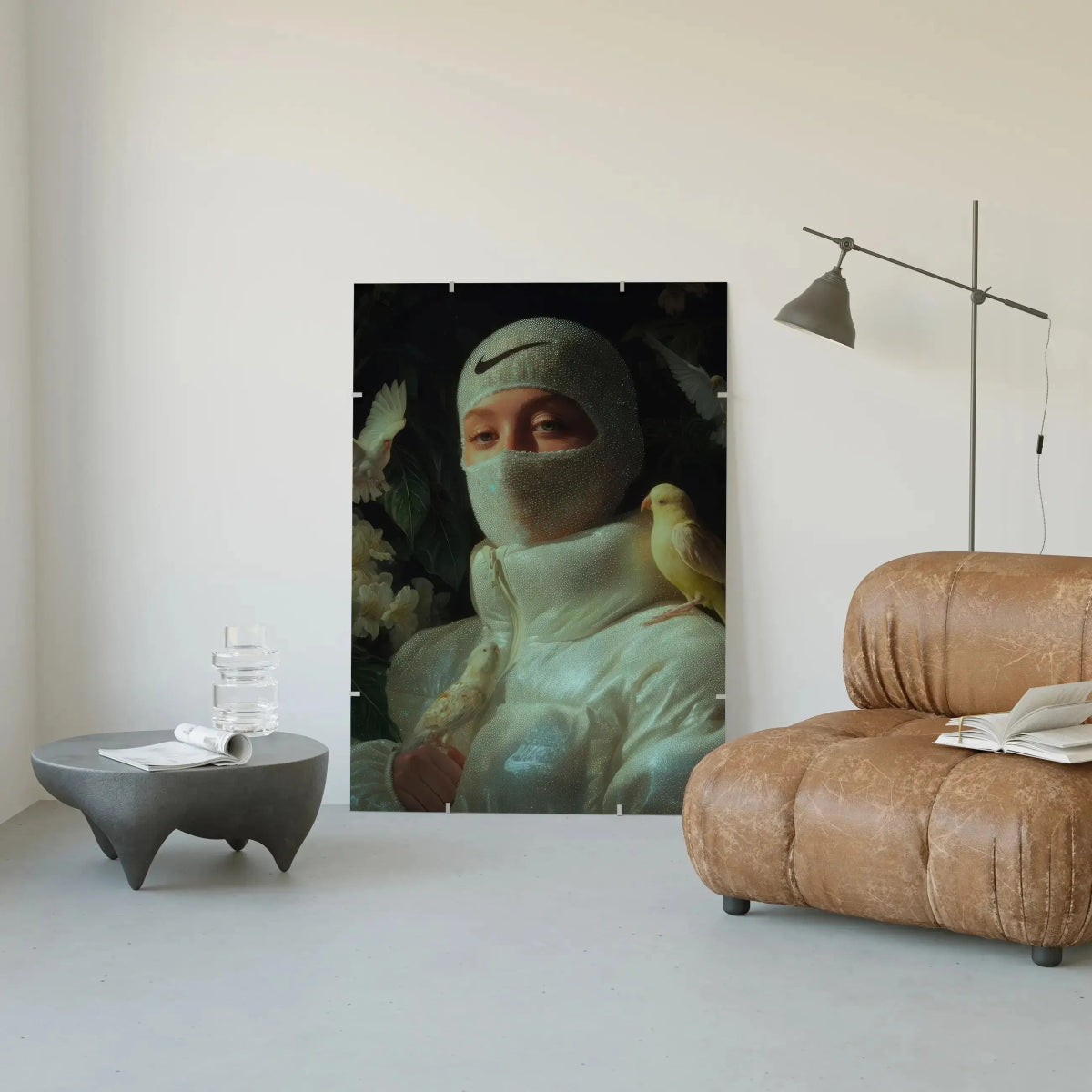 Large Nature's Guardian – Fashion Bird Art Print propped against a minimalist wall, ideal for modern dreamers and nature-inspired home decor.