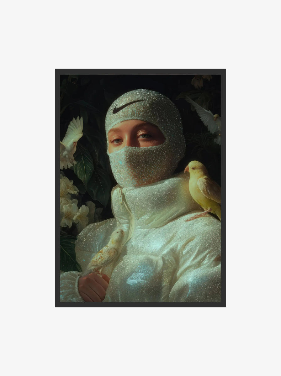 Nature's Guardian – Fashion Bird Art Print featuring a masked figure in shimmering white attire with birds, blending urban fashion and nature symbolism.