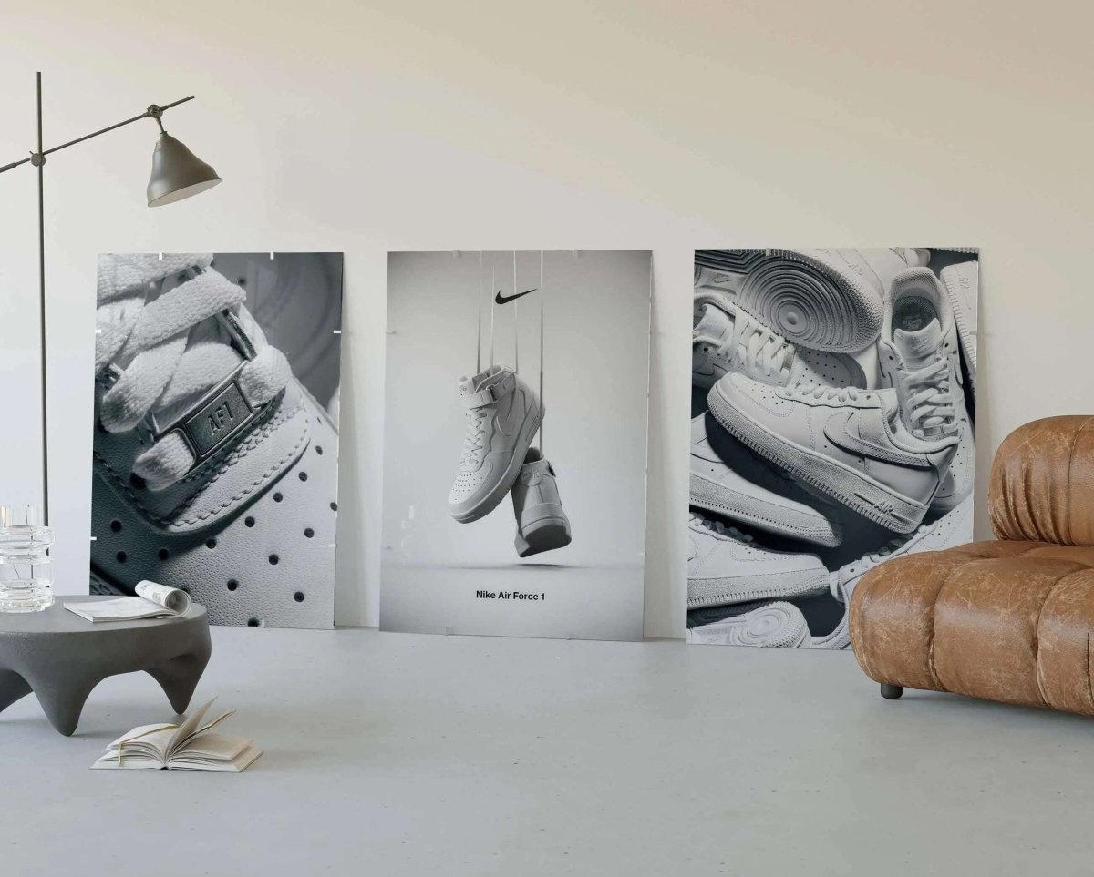 Nike Air Force 1 Wall Art Set of 3 featuring black and white sneaker art prints in a modern living room setting — Haus of Prints.