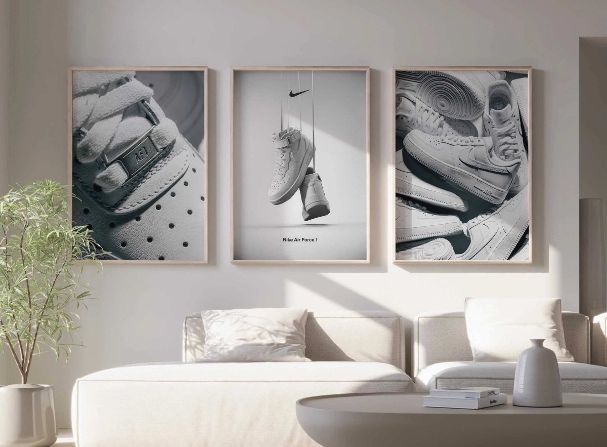 Nike Air Force 1 Wall Art Set of 3 featuring detailed sneaker digital wall art in a modern living room, printable art by Haus of Prints.