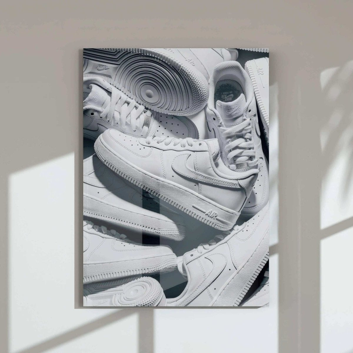 Nike Air Force 1 Wall Art Set of 3 featuring white sneaker art in black and white, framed digital wall art for modern living room, Haus of Prints.