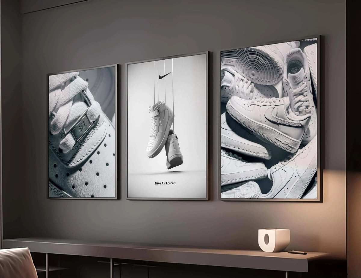 Black and white digital wall art set featuring Nike Air Force 1 sneakers in modern living room, printable art by Haus of Prints.