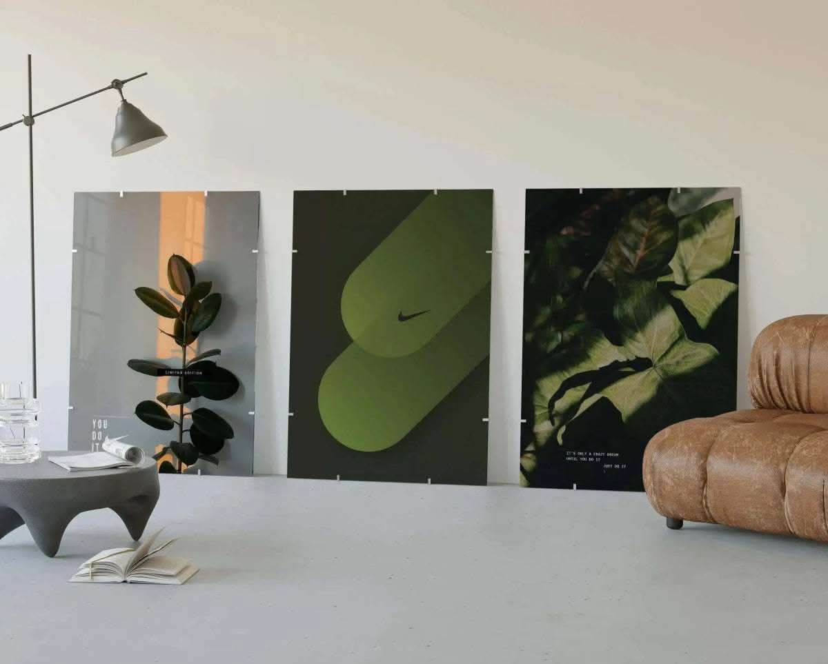 Nike wall art focusing on a vibrant green abstract shape, ideal for contemporary decor.