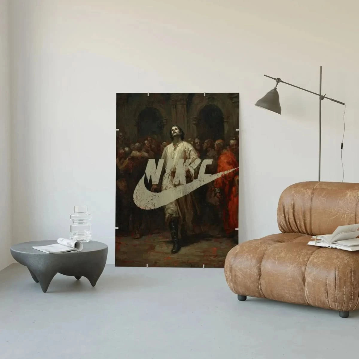 Nike Renaissance Wall Art Print – Swoosh Classic mounted on a wall, highlighting the blend of art and streetwear.