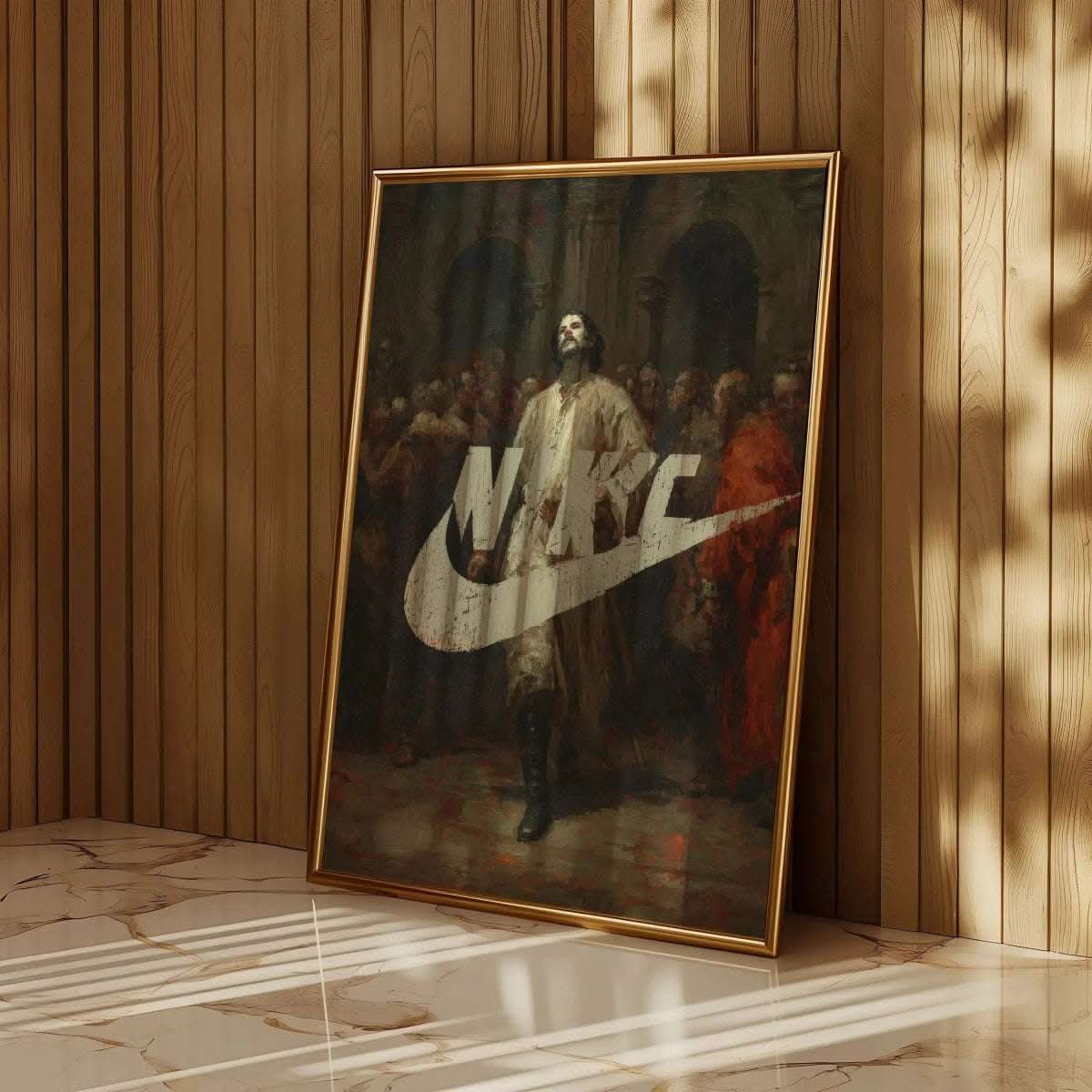 Stunning Nike Renaissance Wall Art Print – Swoosh Classic in a stylish gallery setting, enhancing modern decor.
