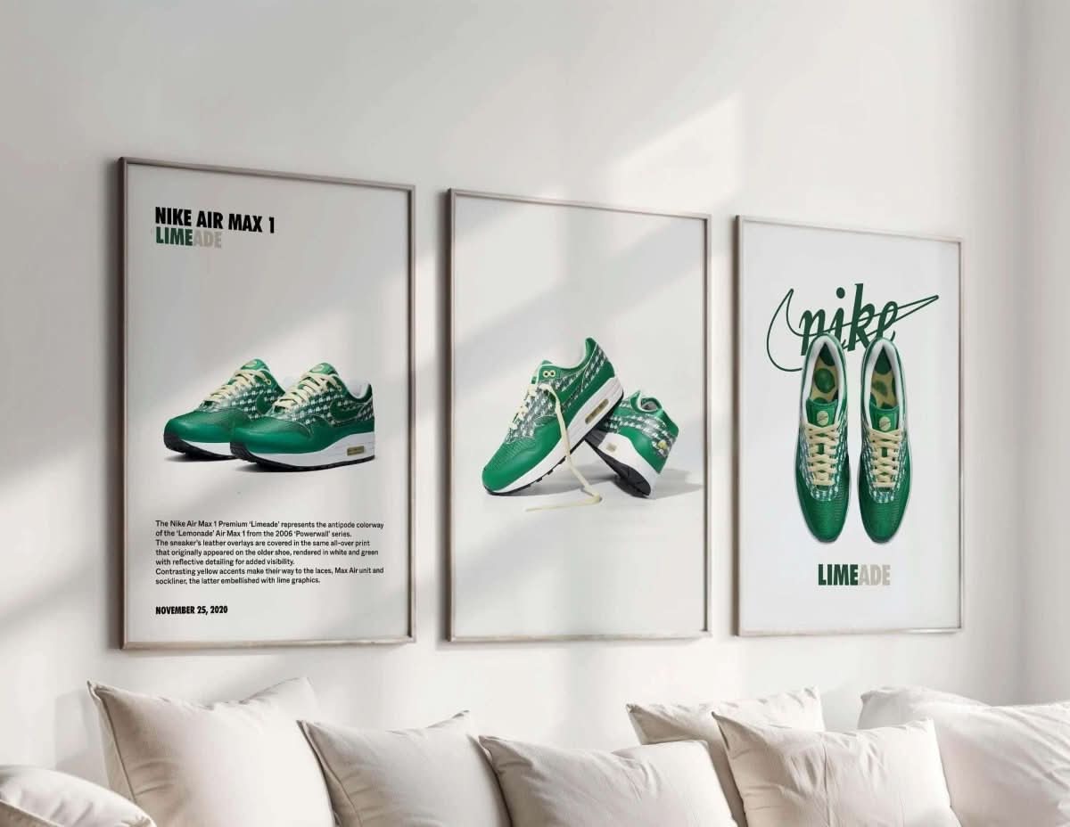 Nike Sneaker Poster Set of 3 featuring vibrant sneaker designs, perfect for wall decor.