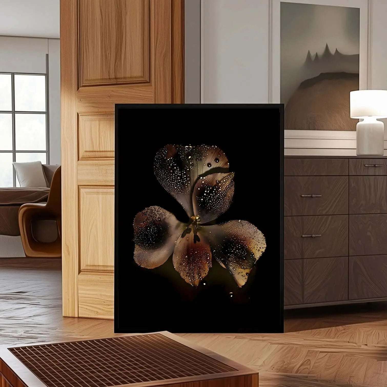 Noir Orchid printable botanical art featuring dark floral petals with dew drops, modern framed wall art for bedroom by Haus of Prints.