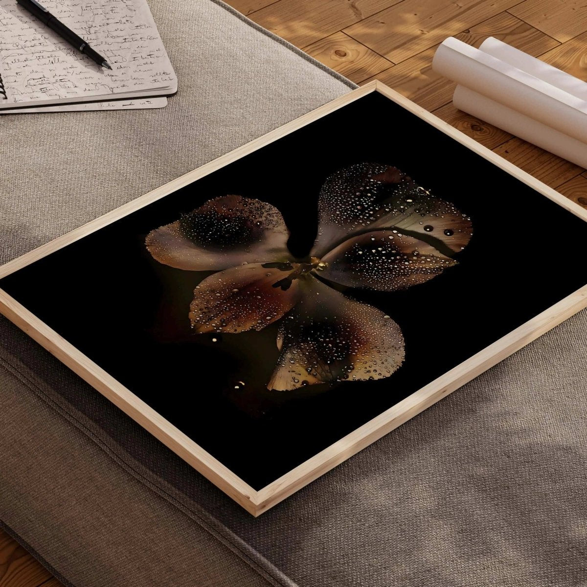 Noir Orchid botanical printable art featuring dewy orchid petals on black background, modern wall art for bedroom by Haus of Prints.