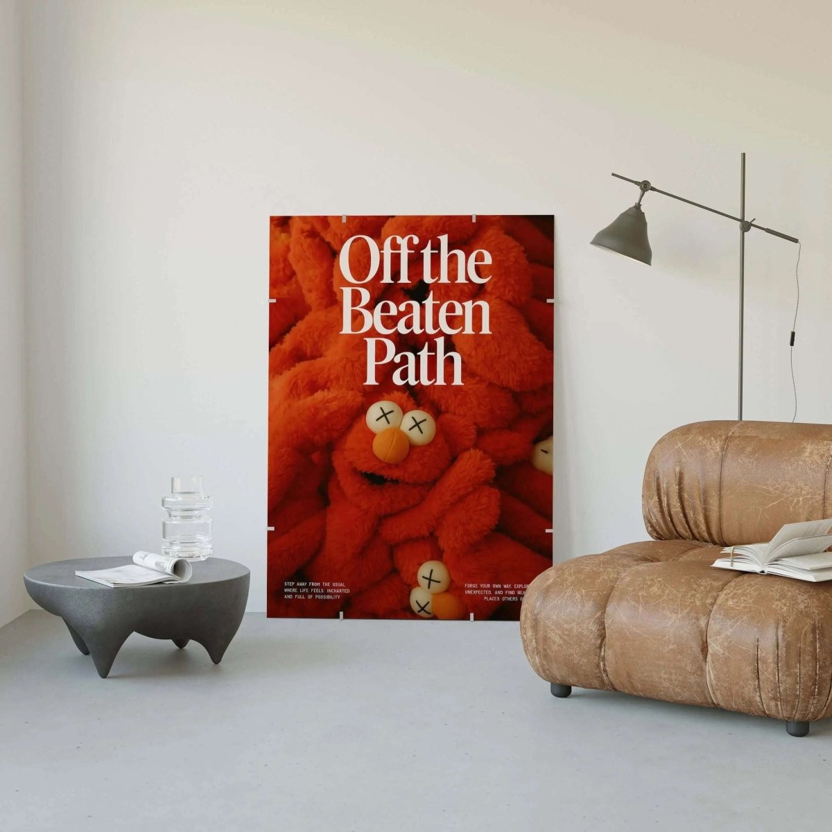 Modern printable wall art featuring KAWS-inspired plush design with bold text, styled in a minimalist living room — Off the Beaten Path by Haus of Prints.