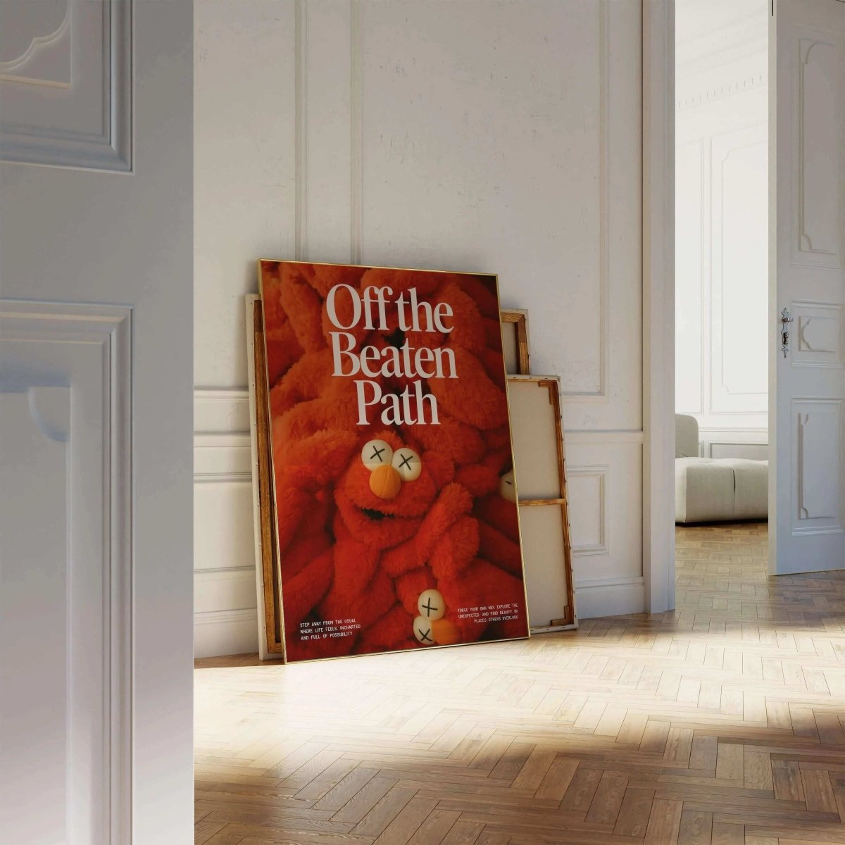 Off the Beaten Path KAWS-inspired printable art featuring plush character in modern living room setting by Haus of Prints