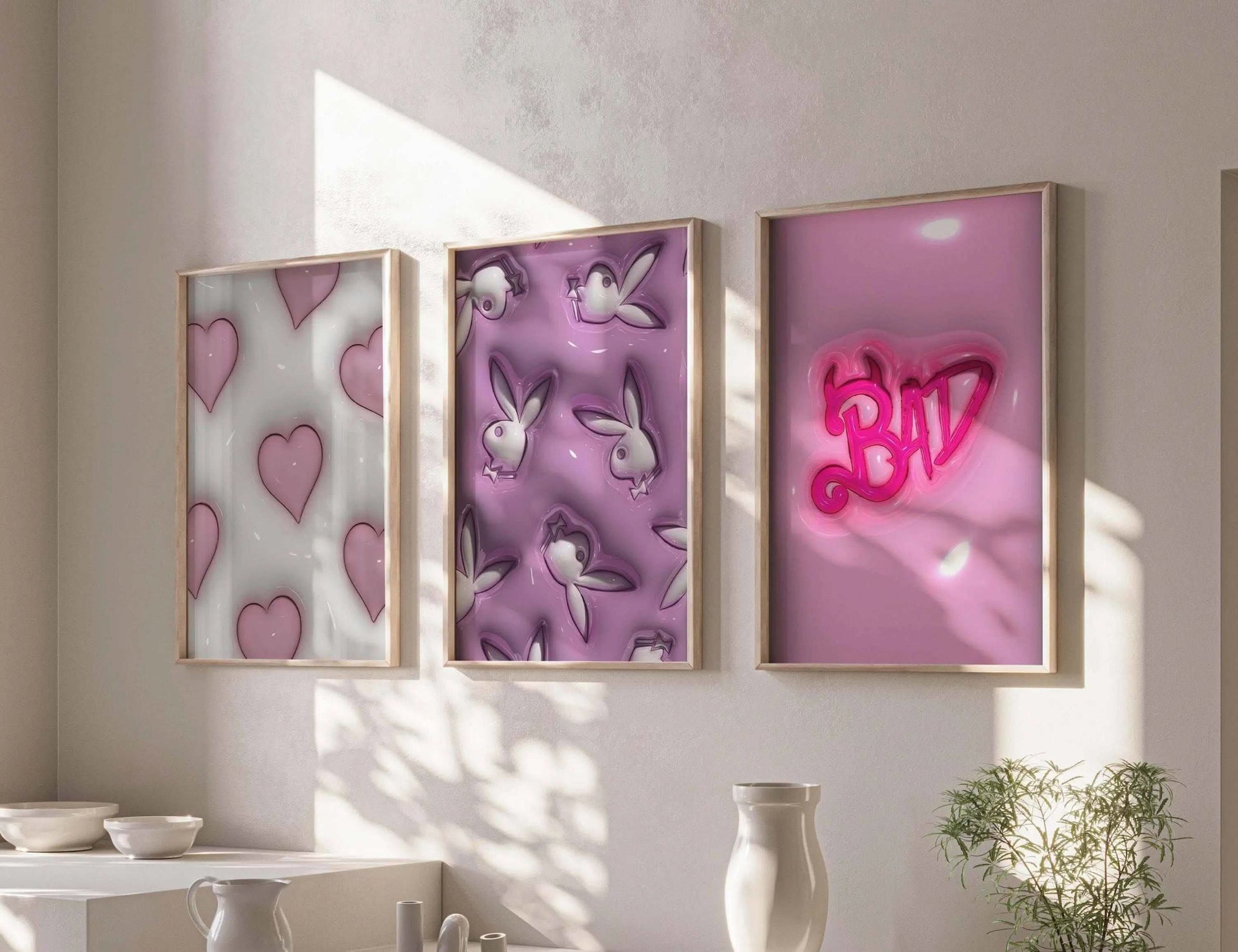 PINK Hypebeast 3D Poster Set of 3 showcasing vibrant hearts in a playful design framed elegantly.