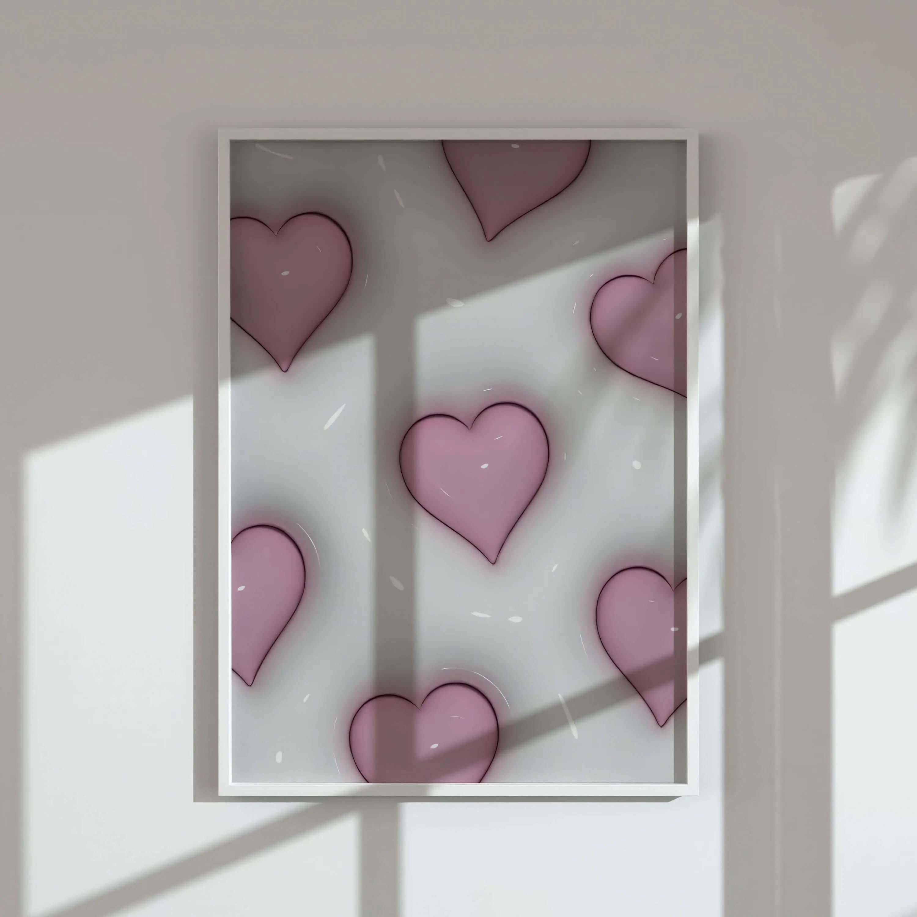 Pink heart-themed digital wall art print in a white frame, displayed with natural light in a modern room, PINK Hypebeast 3D Poster Set of 3, HAUS OF PRINTS