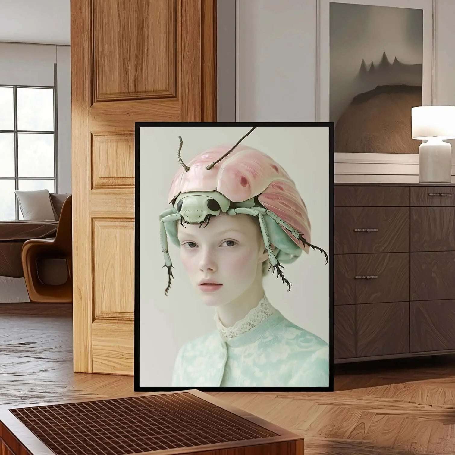 Surreal fashion digital wall art print featuring a pastel beetle headpiece on a woman, ideal printable art for modern bedroom decor – Haus of Prints.