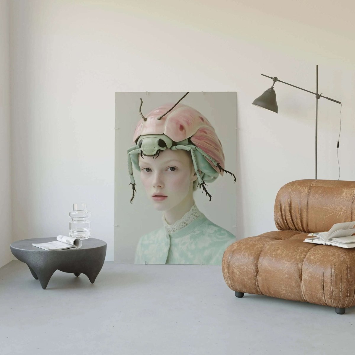 Surreal Pastel Beetle Muse digital wall art print leaning in minimalist living room, modern artwork by Haus of Prints.