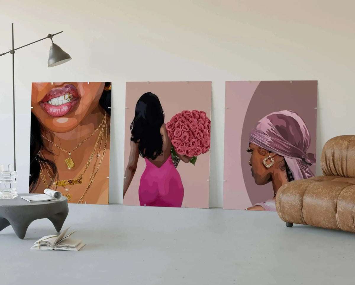 HAUS OF PRINTS Pink Black Girl Poster Set of 6 - BLACK ART featuring Pink Black Girl Poster design elements
