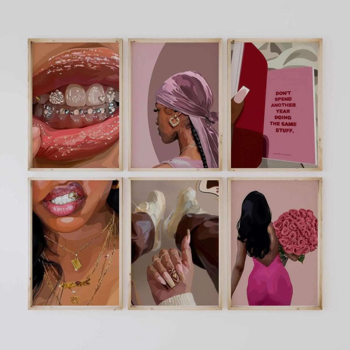 Close-up of Pink Black Girl Poster featuring sparkling grill and colorful lip gloss.