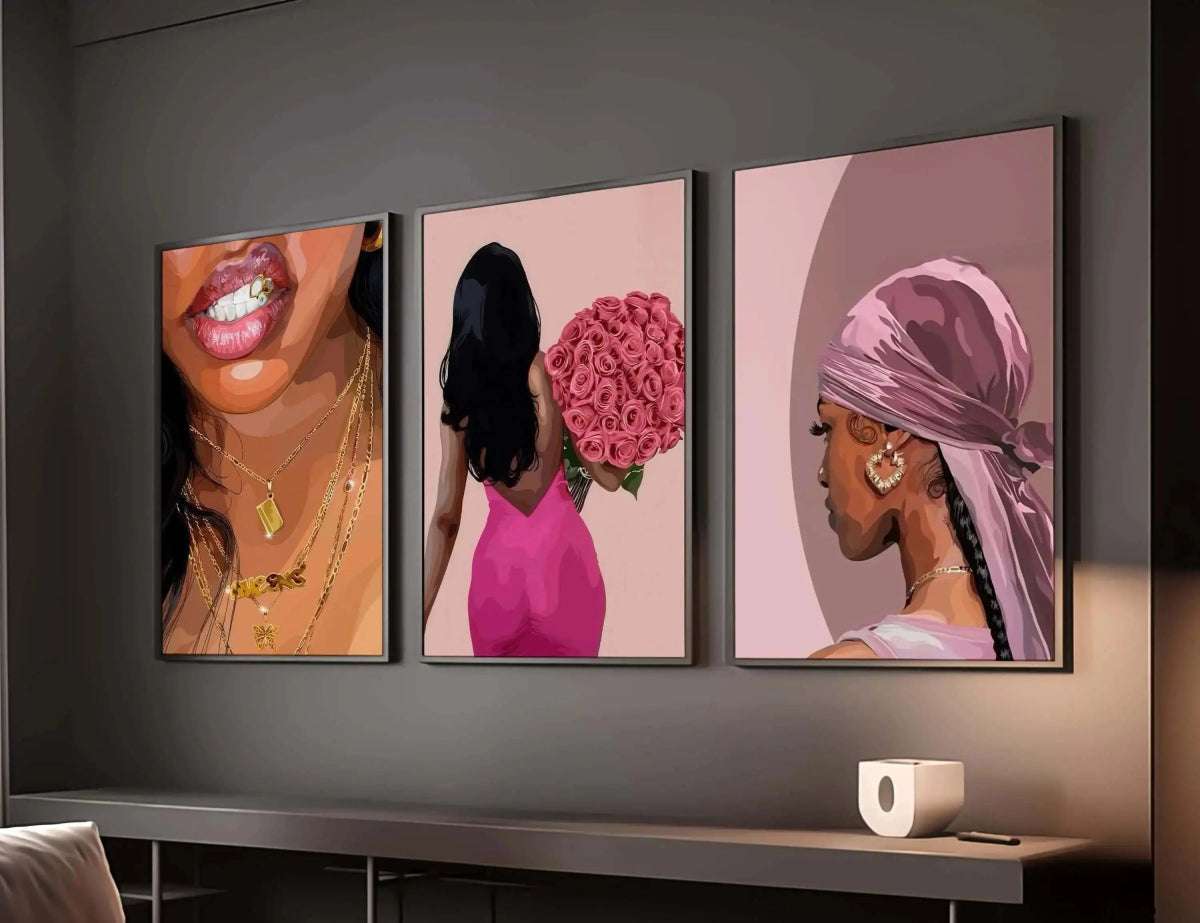 HAUS OF PRINTS Pink Black Girl Poster Set of 6 - BLACK ART featuring Pink Black Girl Poster design elements