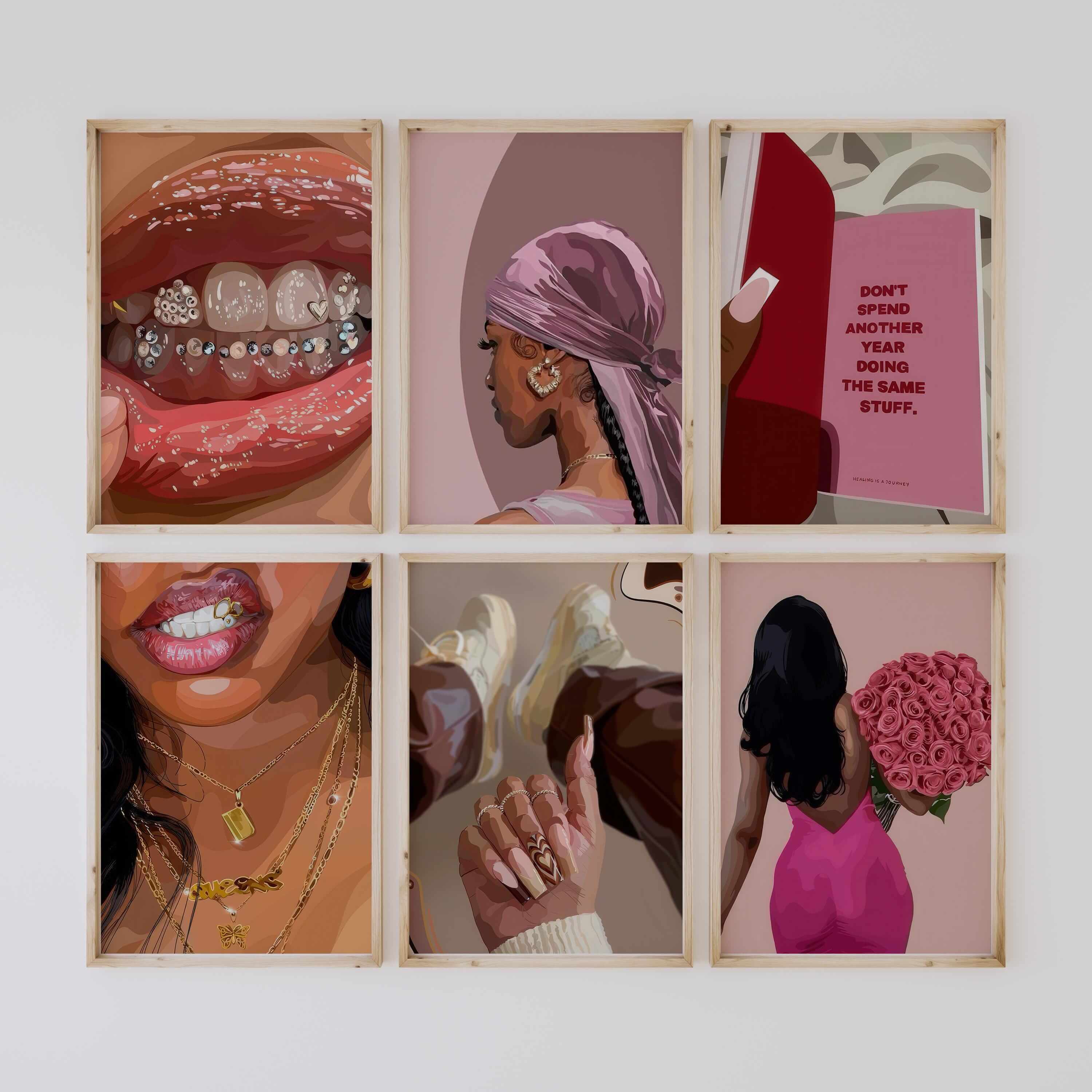 Pink Black Girl Poster Set of 6 - Haus of Prints
