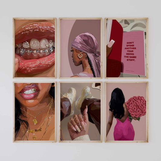 Pink Black Girl Poster Set of 6 - Printable Wall Art by Haus of Prints
