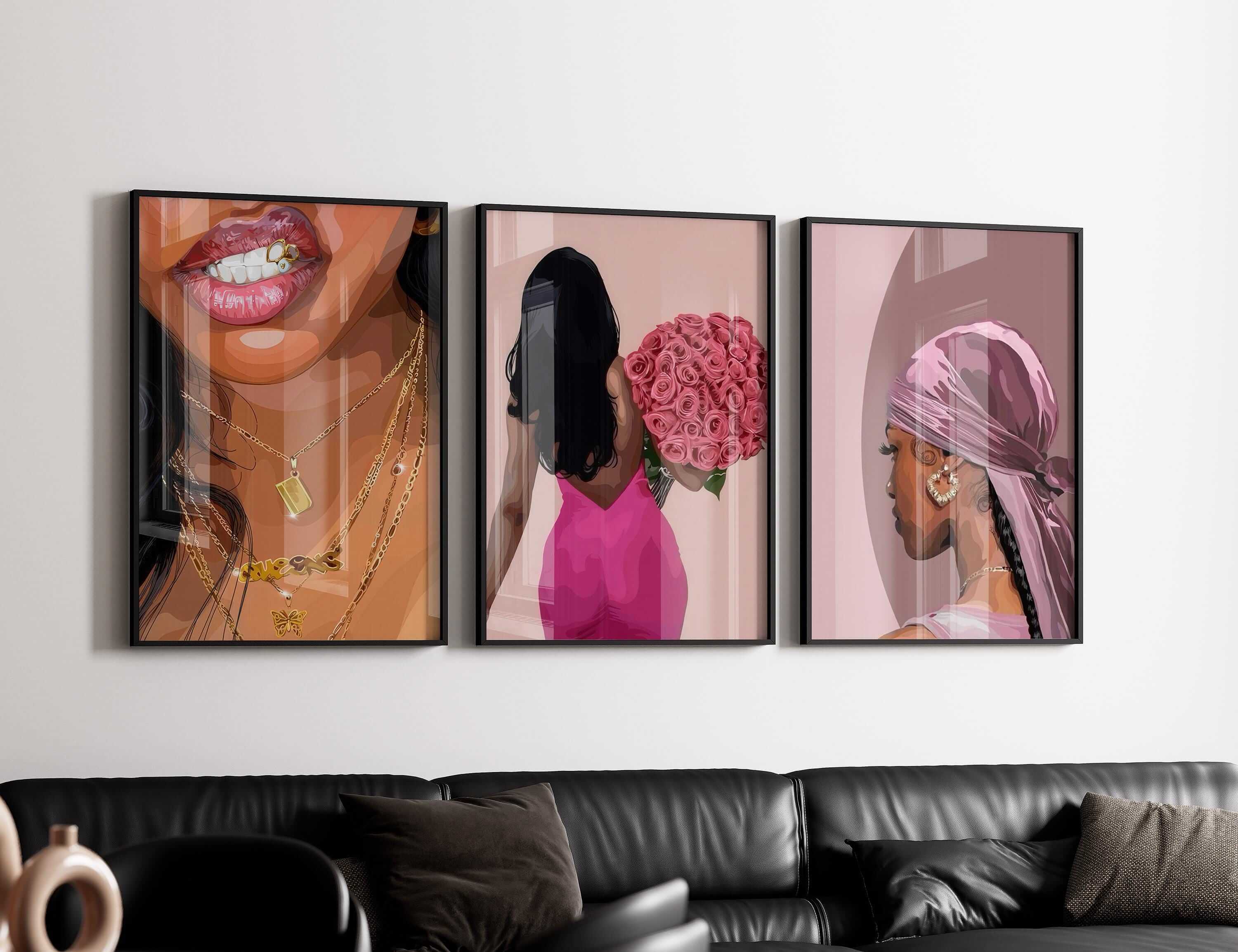Pink Black Women Wall Art Set of 3 - Haus of Prints