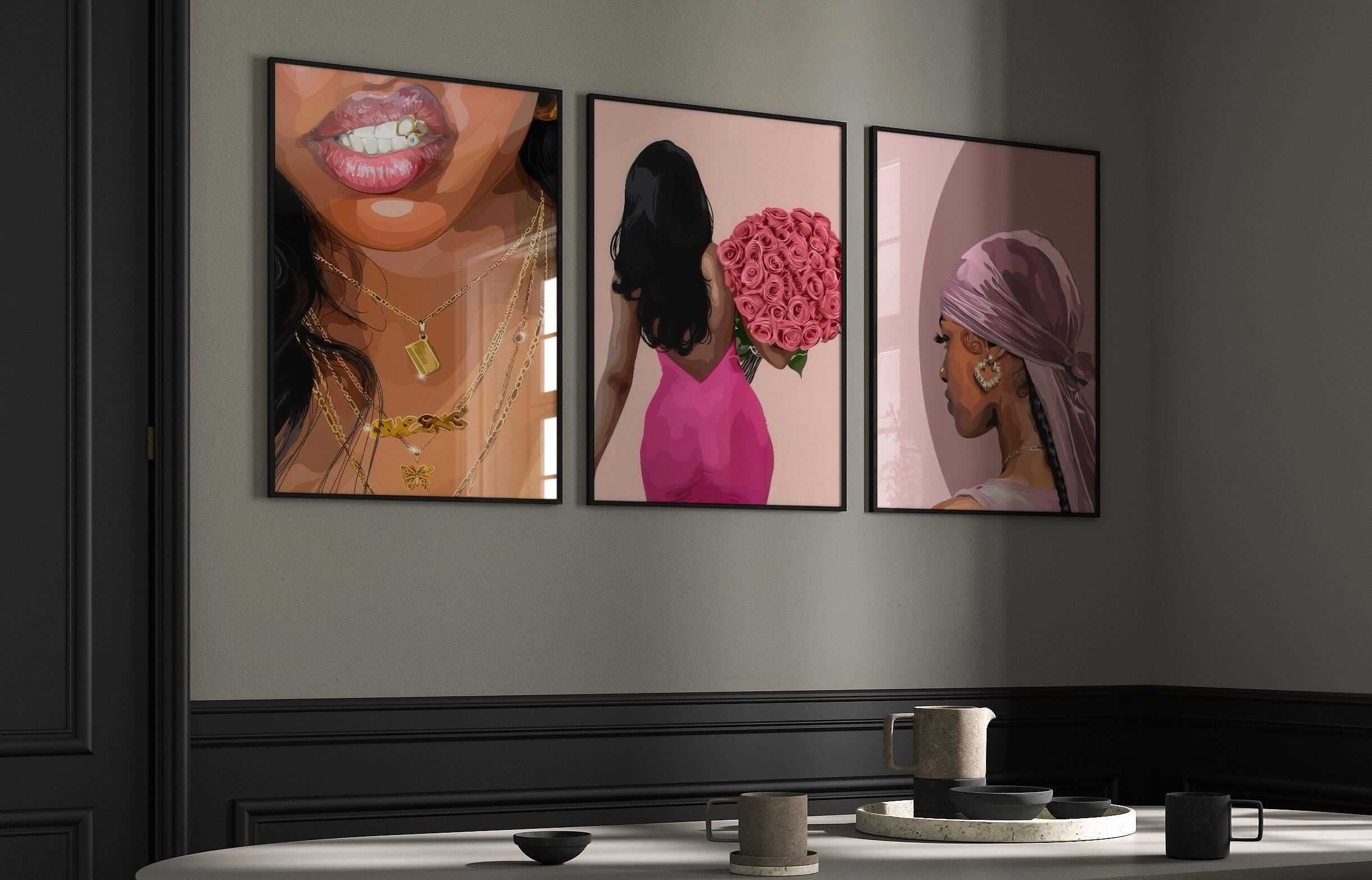 Pink Black Women Wall Art Set of 3 - Haus of Prints