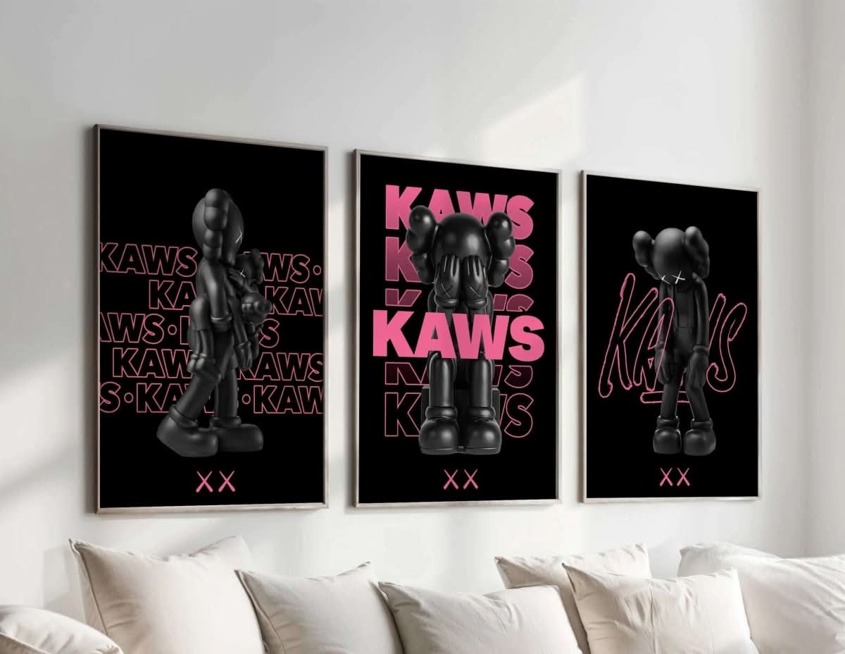 Pink Hypebeast Poster Set of 3 featuring stylish KAWS art in vibrant pink and black on a modern background.