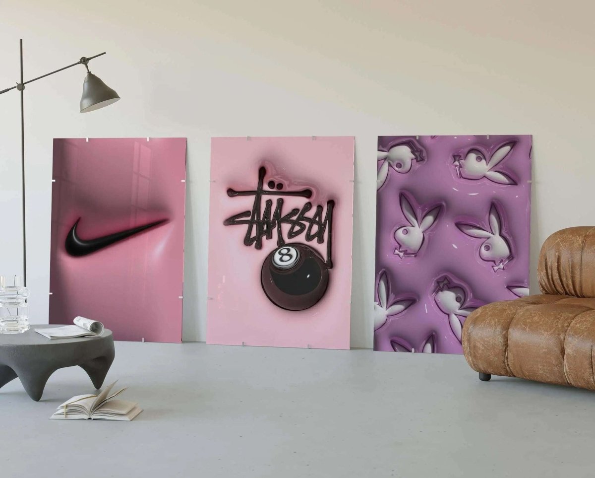 Pink Hypebeast Room Decor Set of 6 featuring bold sneaker art, streetwear style printable digital wall art in a modern living room — Haus of Prints.
