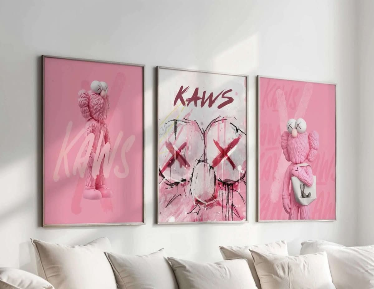 Pink Hypebeast Wall Art Set of 3 featuring vibrant street culture designs with KAWS-inspired aesthetics.