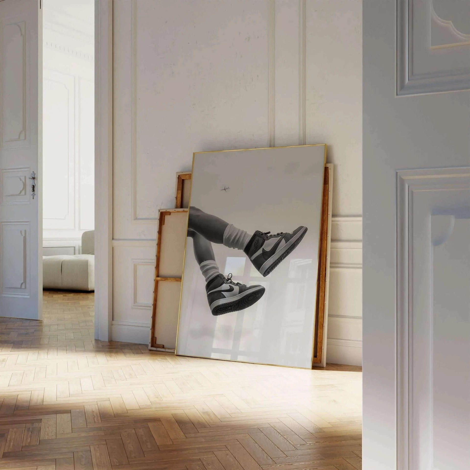 Sneaker poster in black and white, showcasing iconic footwear ideal for gallery wall display.